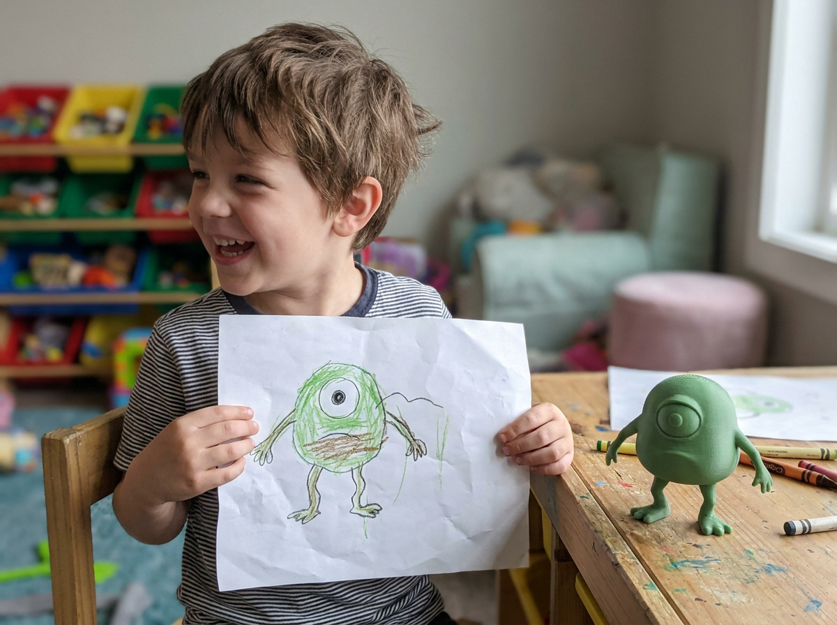 Boy laughing with his one-eyed green blob drawing and its exact matching 3D printed figurine