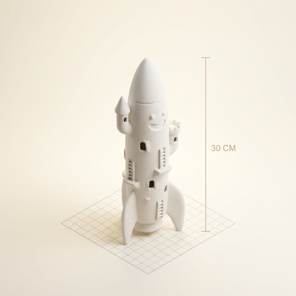 Tall white 3D printed rocket castle figurine, 20 cm size