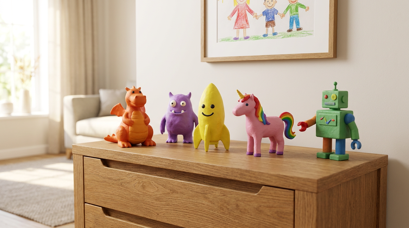 Figurines from kids drawings displayed on a wooden dresser