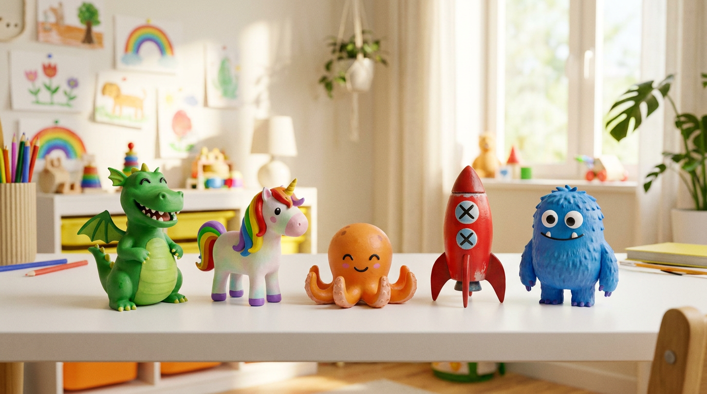 Colorful lineup of 3D printed figurines made from kids drawings on a white desk