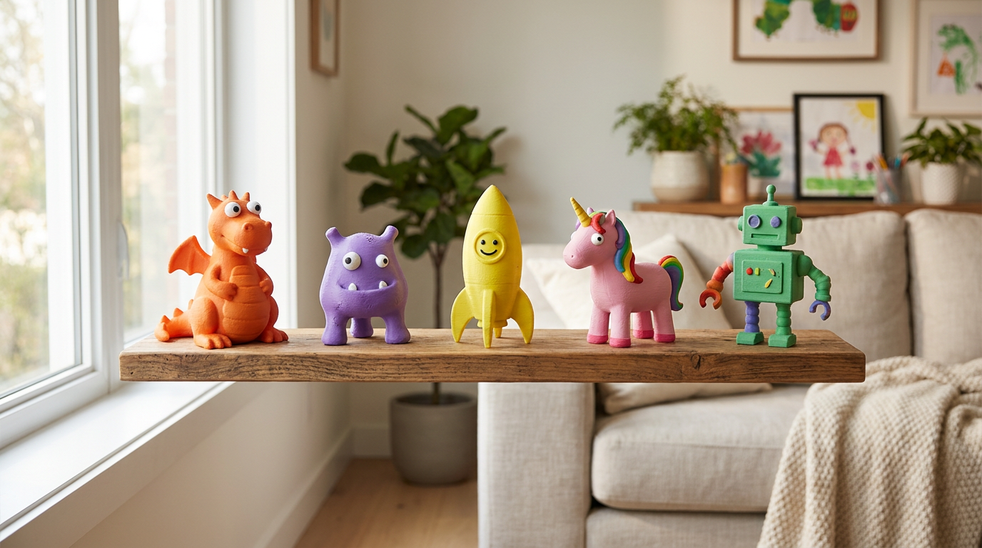 Shelf of colorful 3D printed figurines made from children's drawings