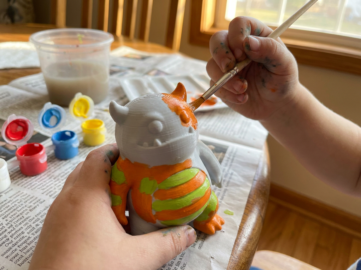Child hands painting a blank 3D printed figurine with acrylic paints