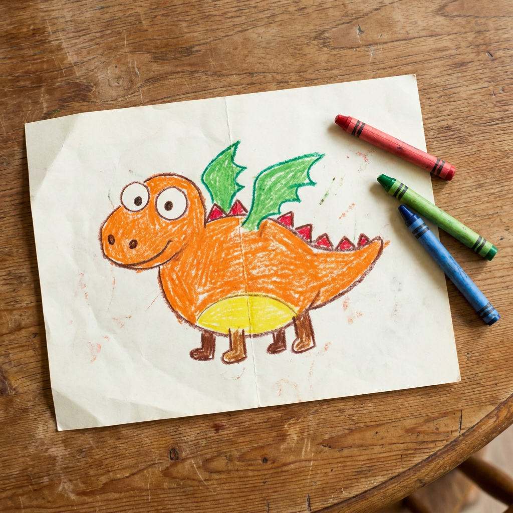 A child's crayon drawing of a friendly orange dragon