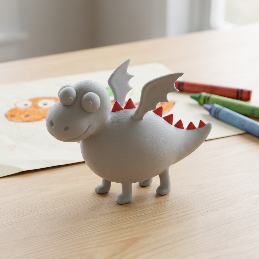 The same dragon 3D printed as a blank single-colour figurine