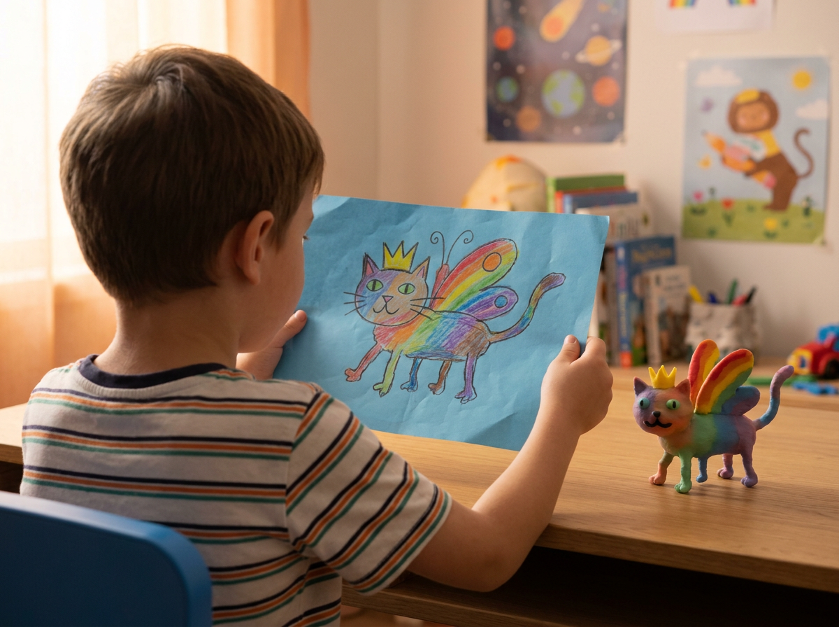 Boy with his winged cat drawing and the matching 3D printed figurine
