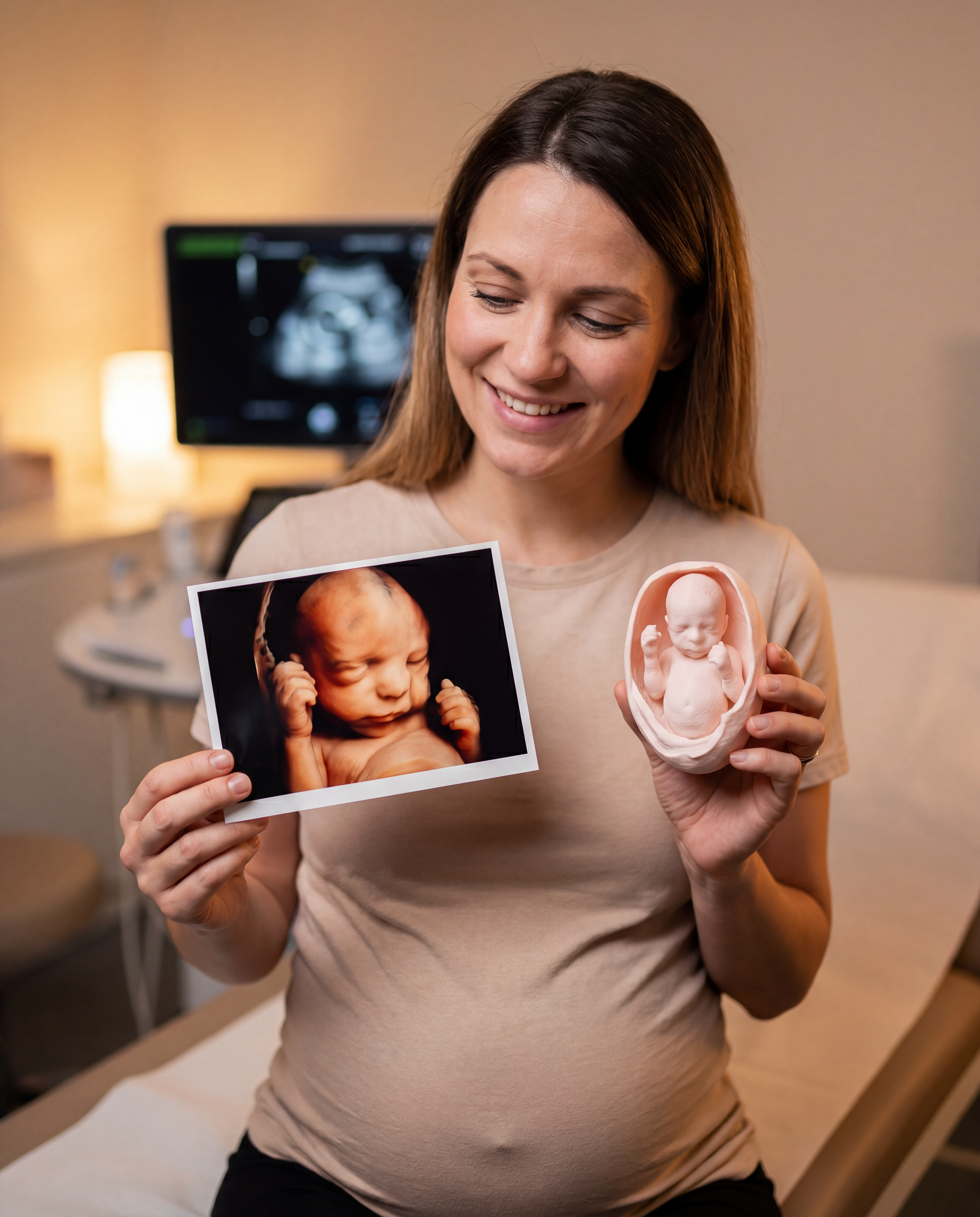 Mother holding ultrasound photo beside the matching 3D printed keepsake figurine