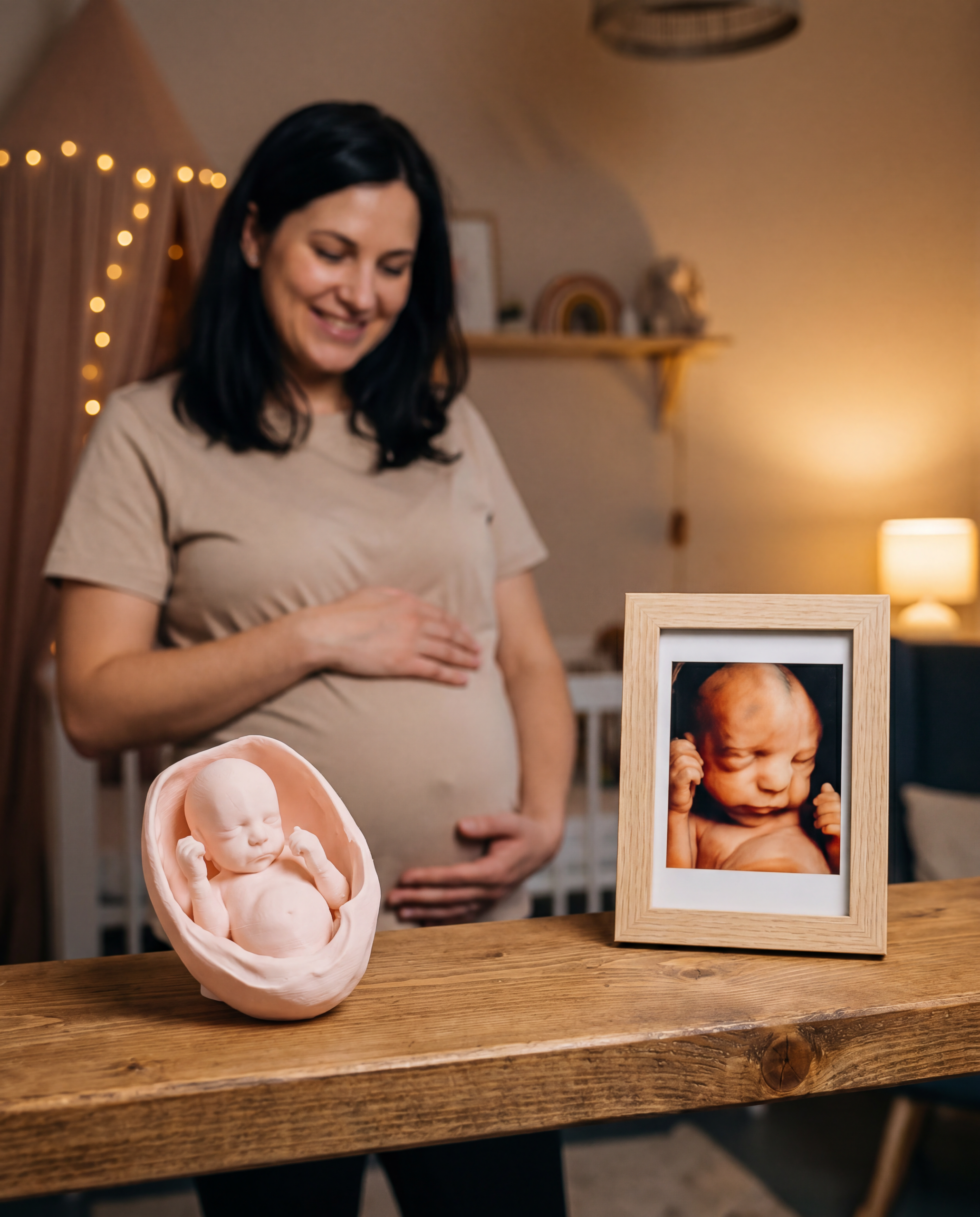 Fetal keepsake figurine on nursery shelf next to framed ultrasound photo
